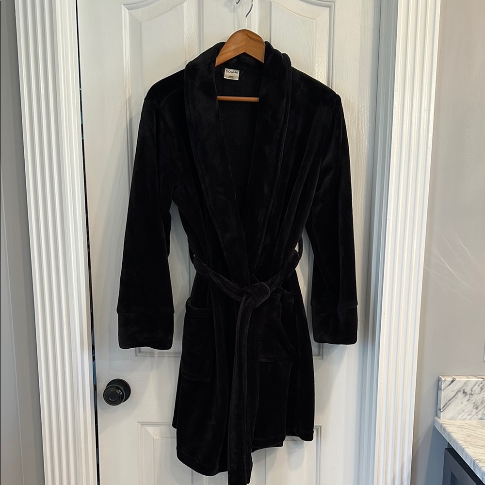 Soma Black Plush Robe with Shawl Collar and Tie Belt